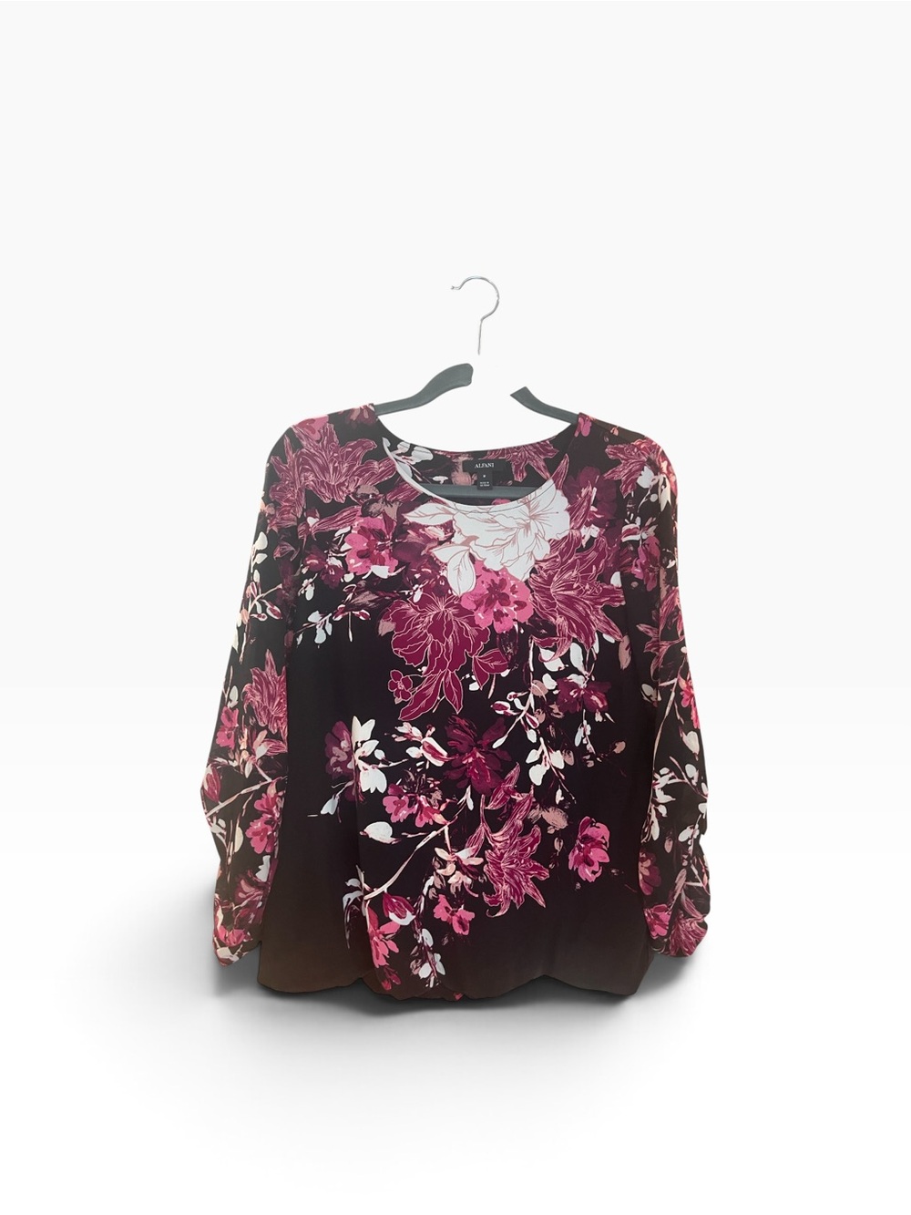 Alfani Black Blouse with Pink & White Floral Print… bubble hem… Lined